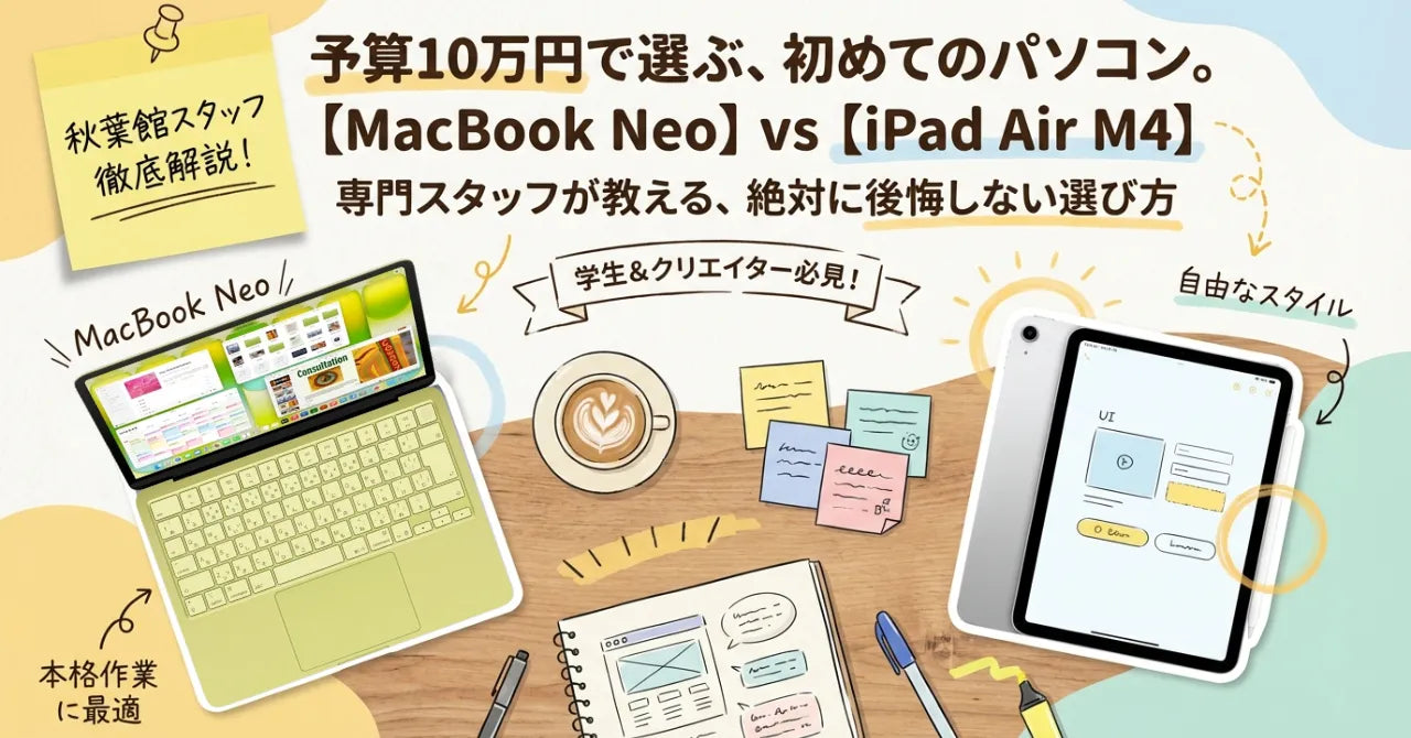 【2026年4月最新】予算10万円！初めてのパソコンは「MacBook Neo」と「iPad Air(M4)」どちらを買うべき？秋葉館スタッフが徹底比較
