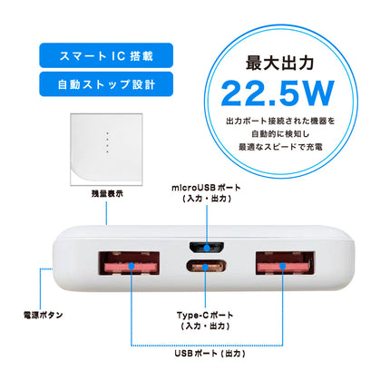 LAZOS PD対応 10000mAh モバイルバッテリー ホワイト [L-10M-W2]